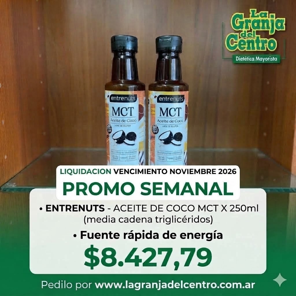 Ofertas y Promociones ENTRENUTS-ACEITE DE COCO MCT (media cadena trigliceridos) X 250 CC promo semanal